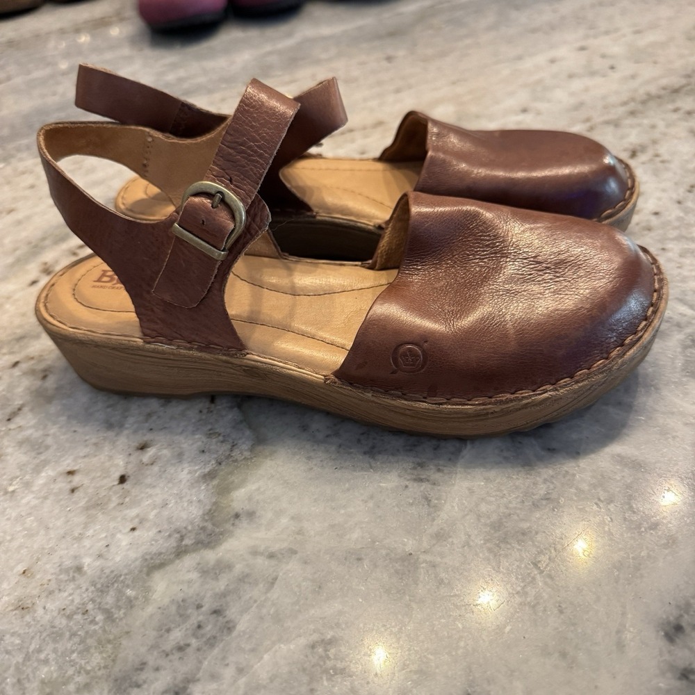 Born 8 M Brown Leather Slingback Wedge Sandals Cottagecore Boho Closed Toe